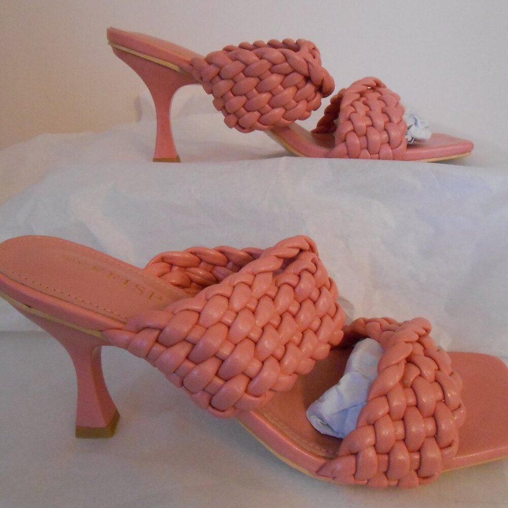 Women's Pink Woven Square Open Toe Slip On Sandal 3.5" Kitten Heel-US-9, EU-40